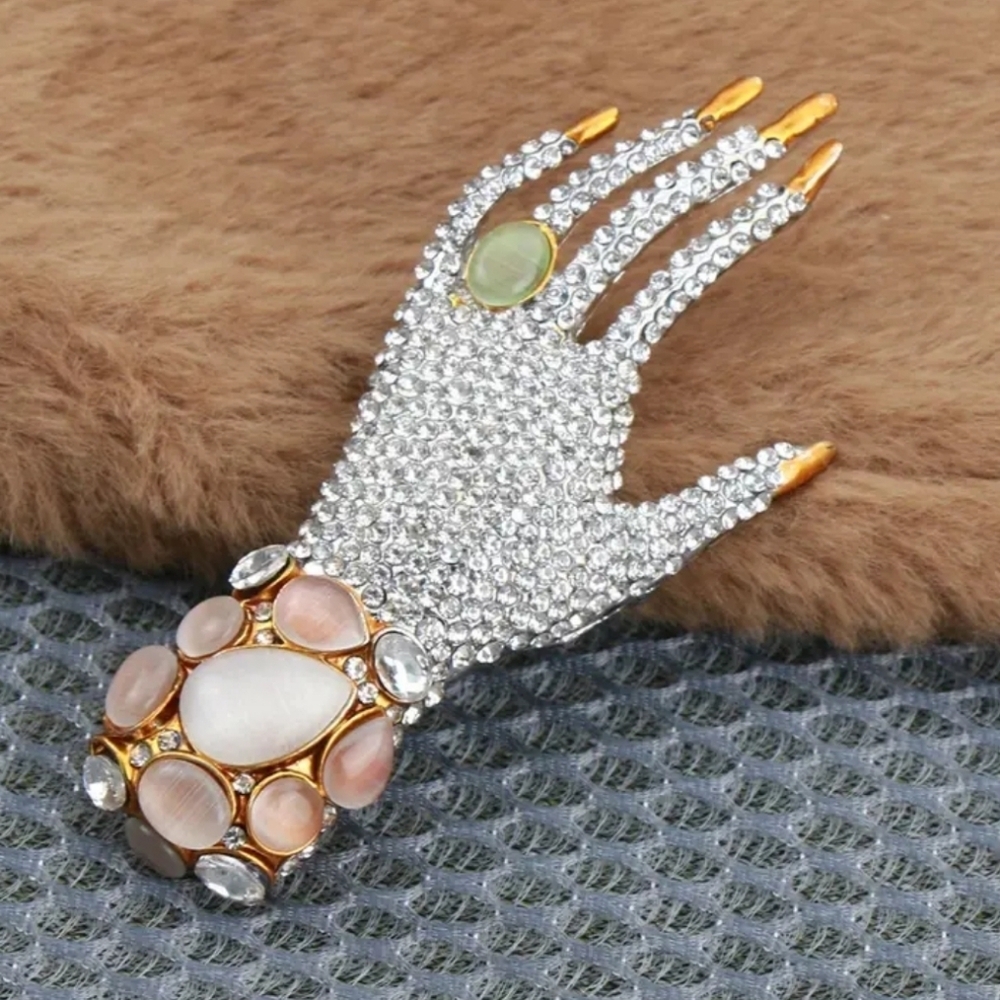 Silver & Gold Tone Hand-Shaped Rhinestone Brooch 3.5" x 1.5" Unique